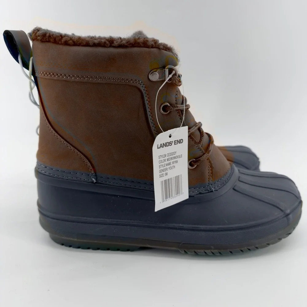 NEW Lands End Wynn Youth Duck Boots‎ Brown Navy Blue Insulated Size 5M
